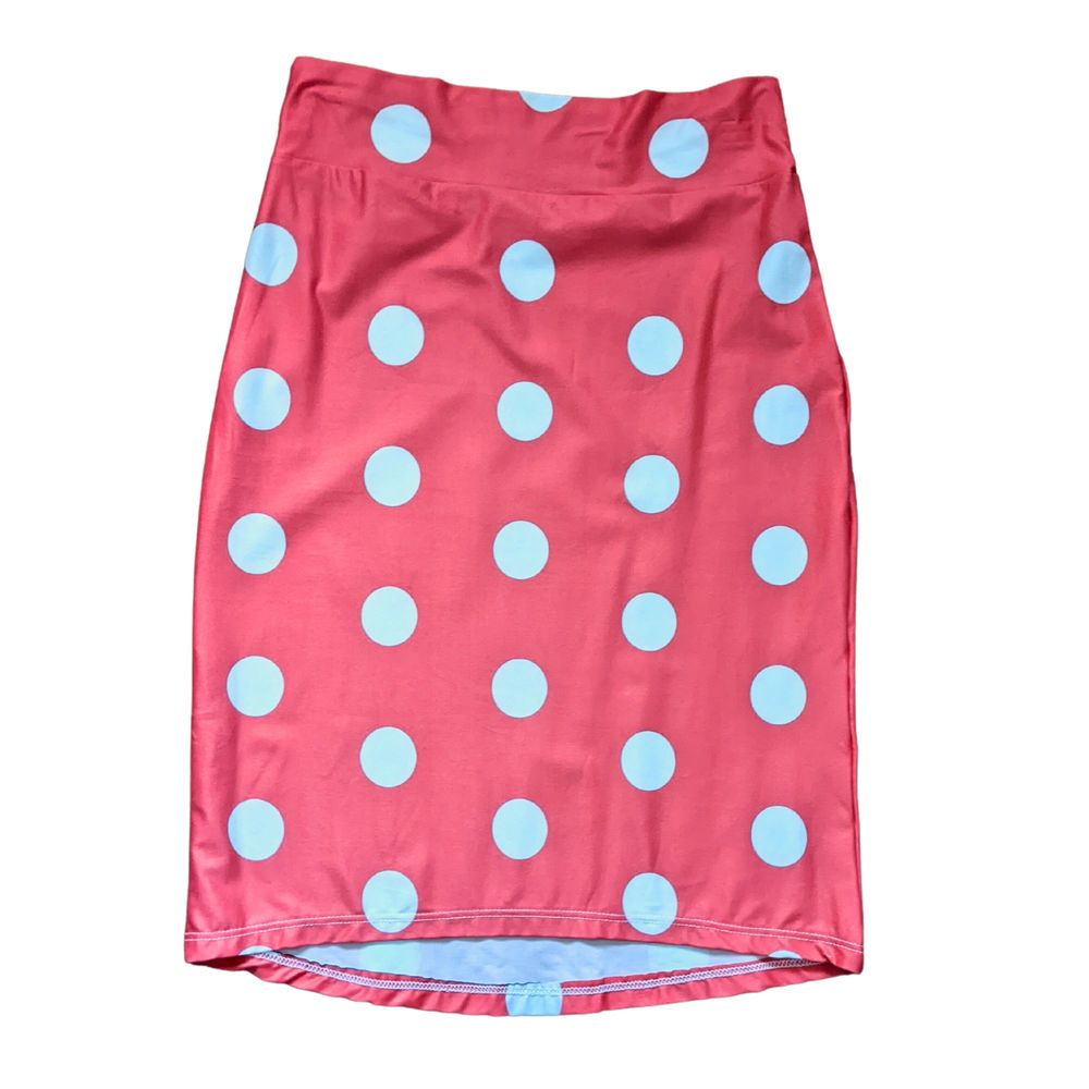Red Pink Large Polka Dot Pencil Skirt, Size S